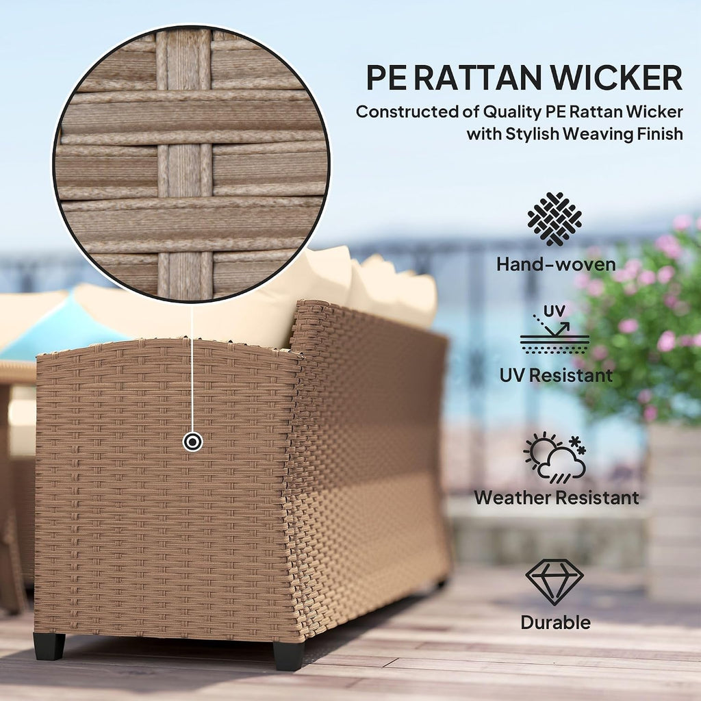 6-Piece PE Rattan Patio Set: 3 Sofas, 2 Ottomans, Coffee Table, Khaki Cushions & Blue Pillows, Steel FFor rame, All-Weather