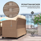 6-Piece PE Rattan Patio Set: 3 Sofas, 2 Ottomans, Coffee Table, Khaki Cushions & Blue Pillows, Steel FFor rame, All-Weather