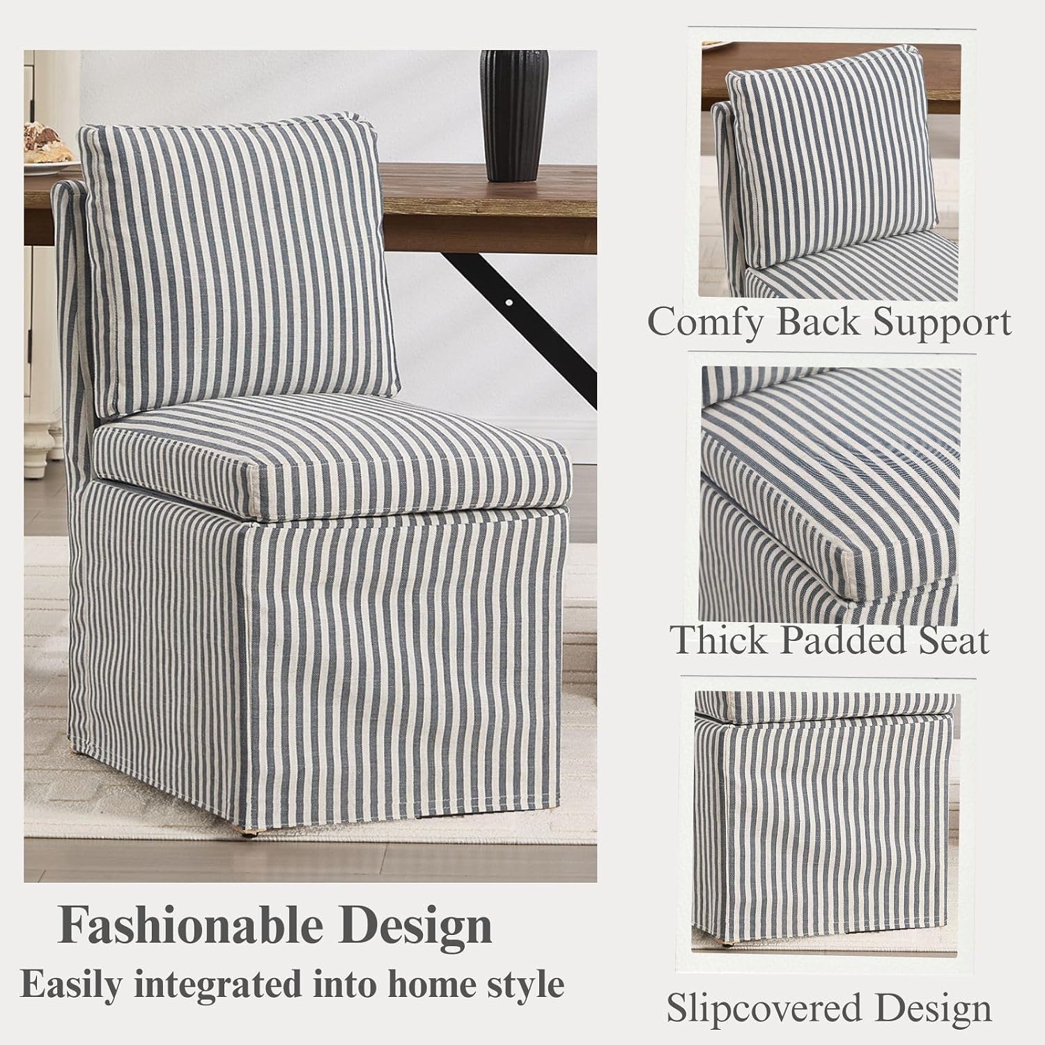 Slipcovered Dining Chairs Set of 2, Farmhouse Upholstered Dining Chair with Solid Wood Legs, Soft Padded Armless Side Chair for Dining/Living/Reading Room, Banquet, Blue Stripe