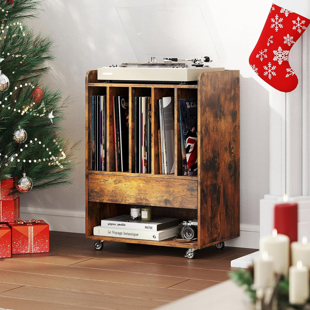 Giantex Record Player Stand, Rolling Turntable Stand with Drawer & Lockable Wheels, Record Player Table Holds Up to 150 Albums, Vinyl Record Storage for Living Room Bedroom, Rustic Brown
