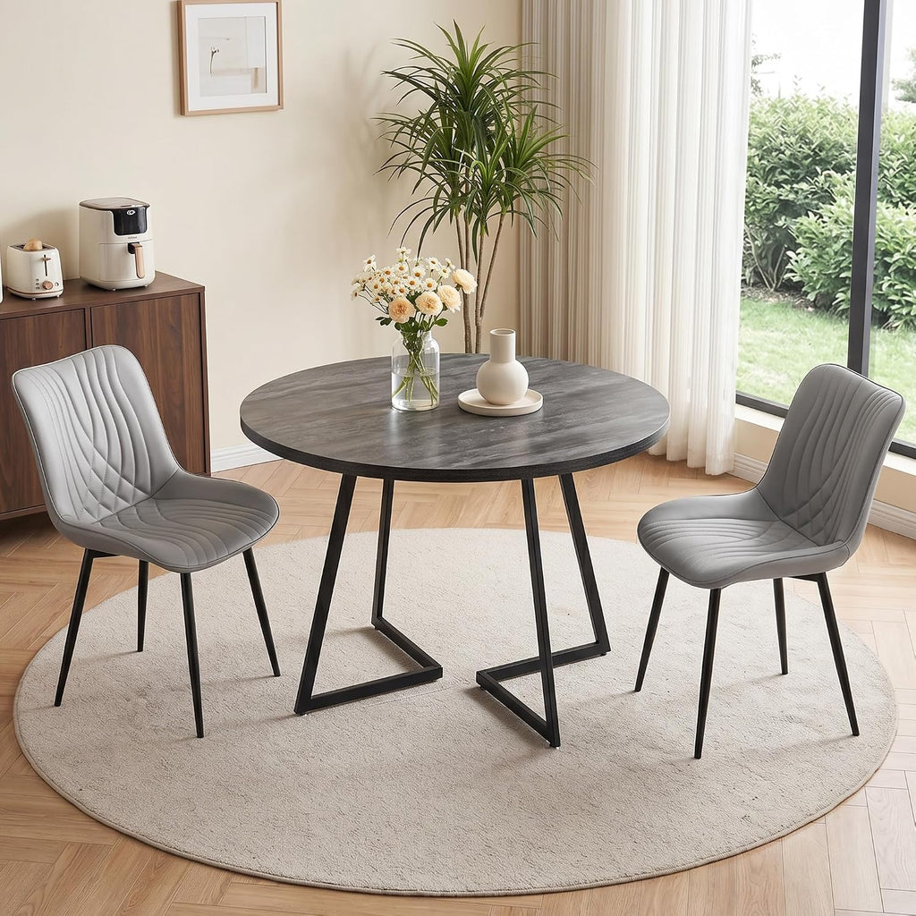 VECELO 3-Piece Dining Table Set, Round Tabletop with Chairs, Grey | Wood Grain Tabletop, 2 Faux Leather Upholstered Chairs, Metal Frame, Space Saving, for Small Apartment, Kitchen, Home Office