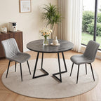 VECELO 3-Piece Dining Table Set, Round Tabletop with Chairs, Grey | Wood Grain Tabletop, 2 Faux Leather Upholstered Chairs, Metal Frame, Space Saving, for Small Apartment, Kitchen, Home Office