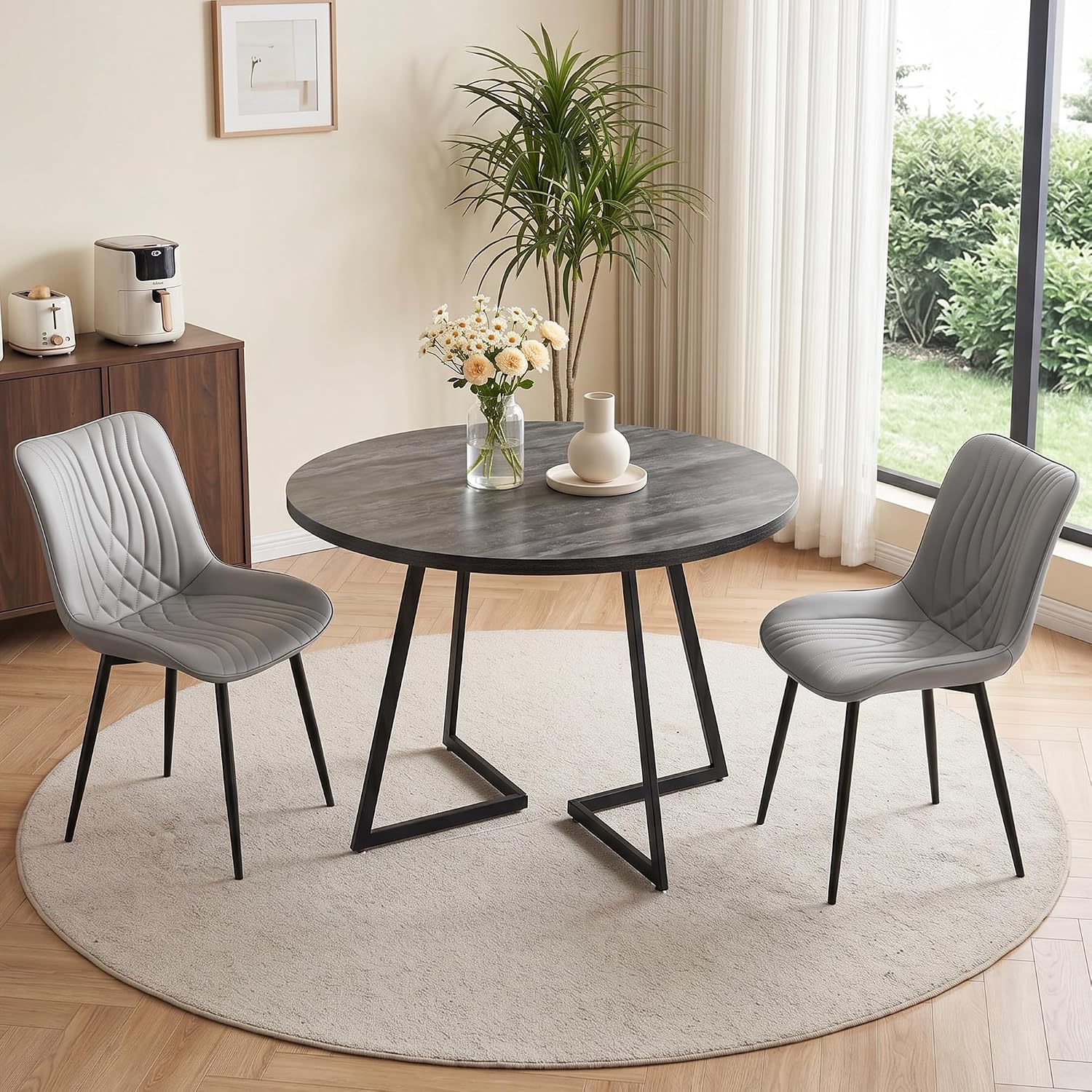 VECELO 3-Piece Dining Table Set, Round Tabletop with Chairs, Grey | Wood Grain Tabletop, 2 Faux Leather Upholstered Chairs, Metal Frame, Space Saving, for Small Apartment, Kitchen, Home Office