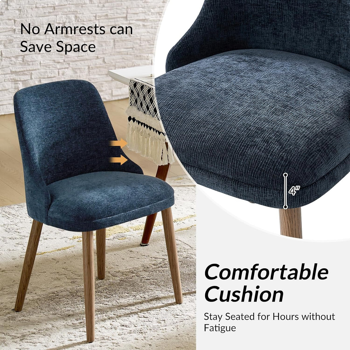 HULALA HOME Dining Chairs Set of 2, Navy Fabric Upholstered Dining Room Chairs Set with Solid Wood Legs, Paded Back, Modern Kitchen Accent Chairs for Living Room Bedroom Reception