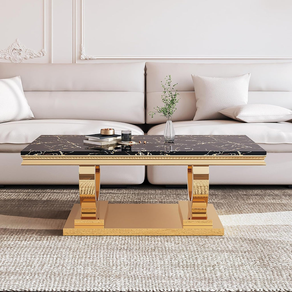 Marble Coffee Table Set of 3, Includes 1 Coffee Table with 2 Square End Side Tables, Luxury 3 Piece Living Room Table Set with Black Faux Marble Tabletop & Gold Stainless Steel Base