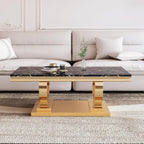 Marble Coffee Table Set of 3, Includes 1 Coffee Table with 2 Square End Side Tables, Luxury 3 Piece Living Room Table Set with Black Faux Marble Tabletop & Gold Stainless Steel Base