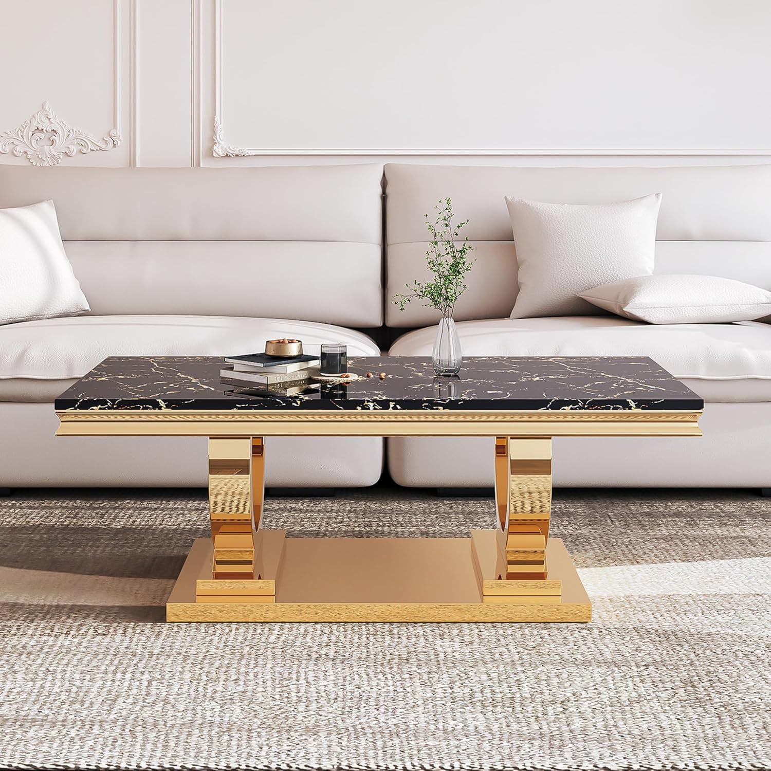 Marble Coffee Table Set of 3, Includes 1 Coffee Table with 2 Square End Side Tables, Luxury 3 Piece Living Room Table Set with Black Faux Marble Tabletop & Gold Stainless Steel Base