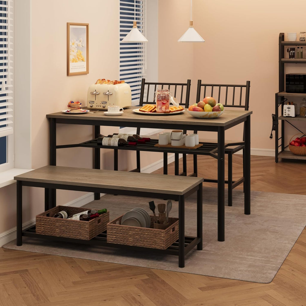 Garvee Dining Table Set for 4 with Bench and Chairs, 4-Piece Kitchen Table Set with Storage – Space-Saving Dining Table for Apartments and Dining Rooms, Gray