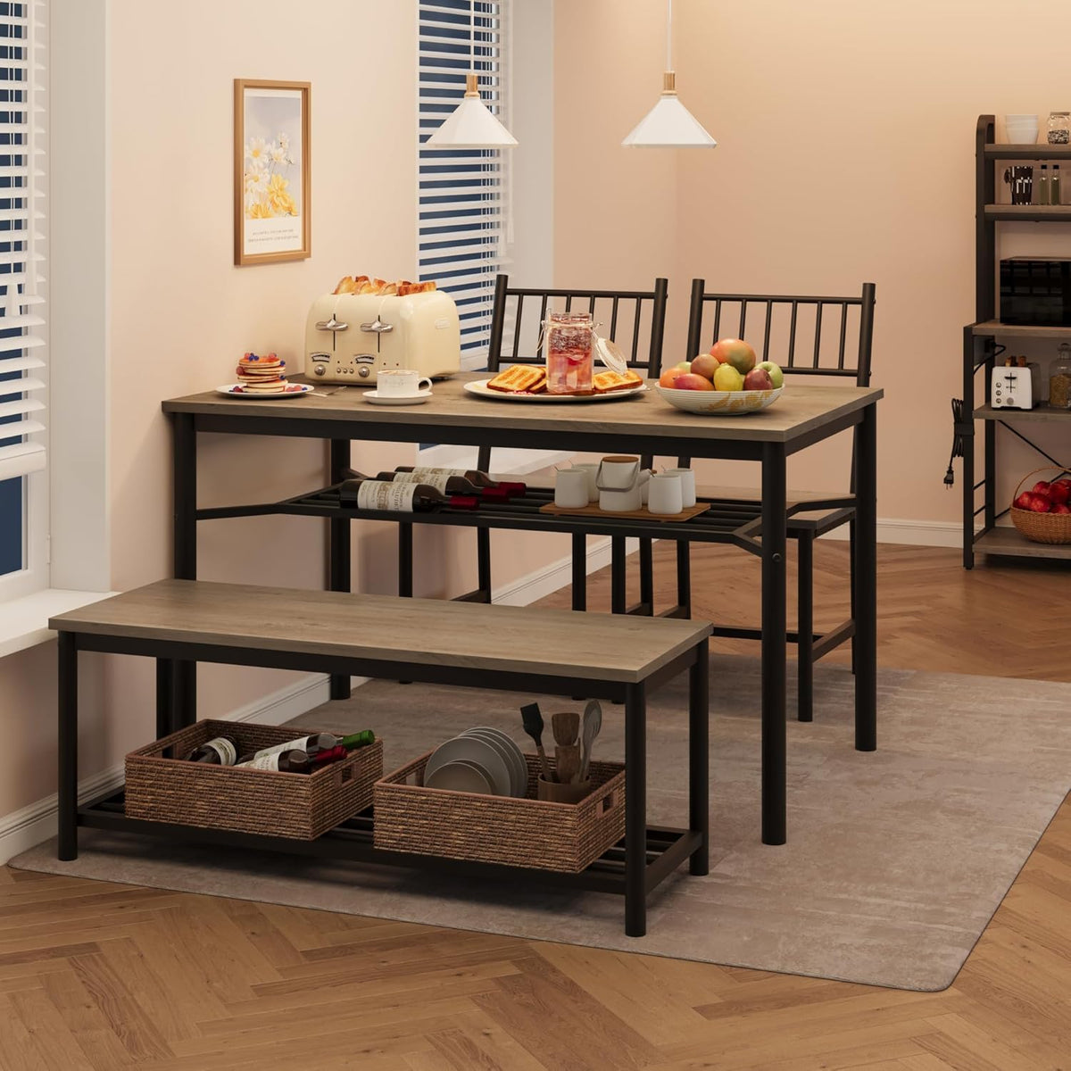 Garvee Dining Table Set for 4 with Bench and Chairs, 4-Piece Kitchen Table Set with Storage – Space-Saving Dining Table for Apartments and Dining Rooms, Gray