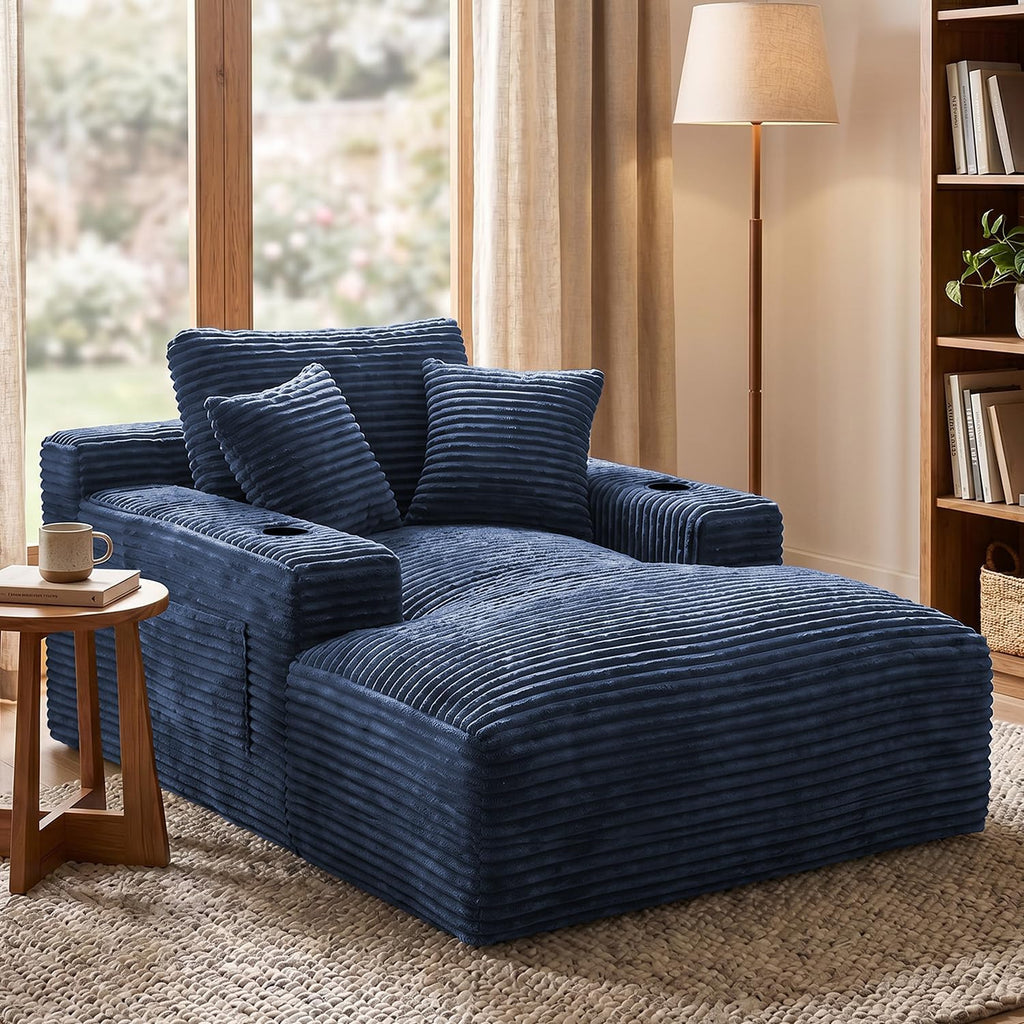 50" x 76" Corduroy Chaise Lounge Sofa Bed with Cup Holders, Blue | Extra-long corduroy chaise with deep sleeper seating, built-in cup holders, and 3 pillows for lounging or overnight rest.