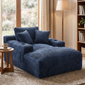 50" x 76" Corduroy Chaise Lounge Sofa Bed with Cup Holders, Blue | Extra-long corduroy chaise with deep sleeper seating, built-in cup holders, and 3 pillows for lounging or overnight rest.