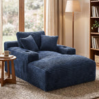 50" x 76" Corduroy Chaise Lounge Sofa Bed with Cup Holders, Blue | Extra-long corduroy chaise with deep sleeper seating, built-in cup holders, and 3 pillows for lounging or overnight rest.