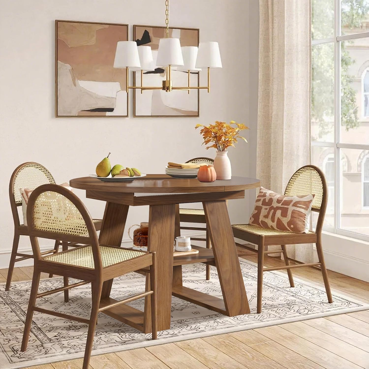 43.3in-59in Extendable Round Dining Table for 4-8, Modern Kitchen Oval Dining Table with Removable Leaves Space Saving, Wood Base with Storage Shelf for Kitchen Living Room, Walnut Style 2