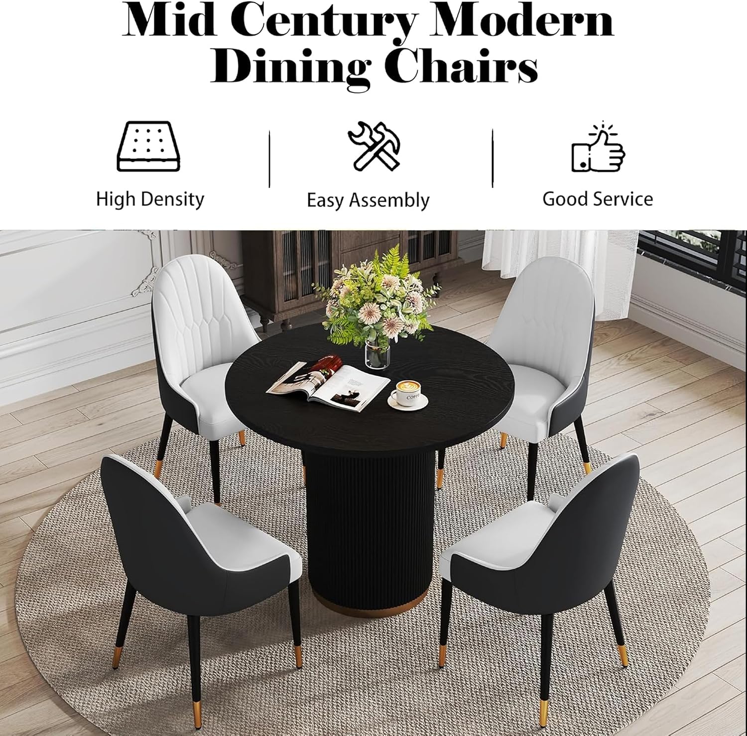 AF ARTISAN FURNITURE Black White Dining Chairs Set of 2 with High Backs Mid Century Modern Kitchen Dining Room Chairs PU Faux Leather Upholstered Large Padded Accent Chair with Legs