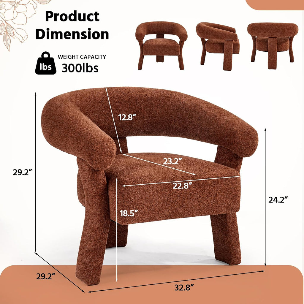 ANJ Modern Chenille Accent Chair, Barrel Armchair with Solid Wood Legs & Curved Backrest, Modern Arm Chair with Upholstered Fabric for Living Room & Vanity Room, Orange