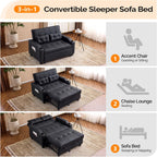 VINGLI Convertible Loveseat Sleeper Sofa Bed, Pullout Couch for Living Room | Black Futon Sofa Bed, Faux Leather Pull-Out Couch Bed with USB Ports, Cup Holders for Small Space, Apartment, Office
