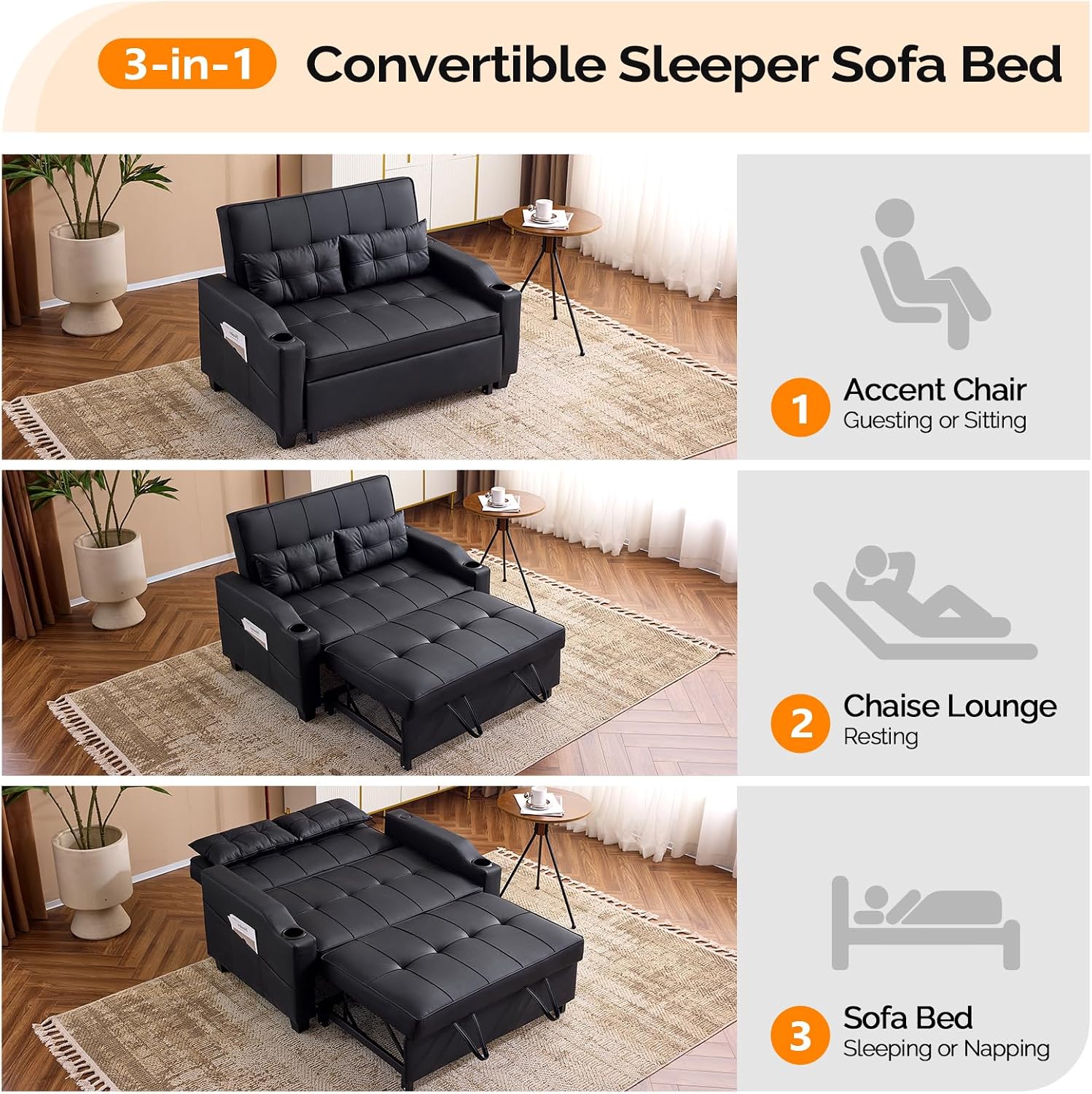 VINGLI Convertible Loveseat Sleeper Sofa Bed, Pullout Couch for Living Room | Black Futon Sofa Bed, Faux Leather Pull-Out Couch Bed with USB Ports, Cup Holders for Small Space, Apartment, Office