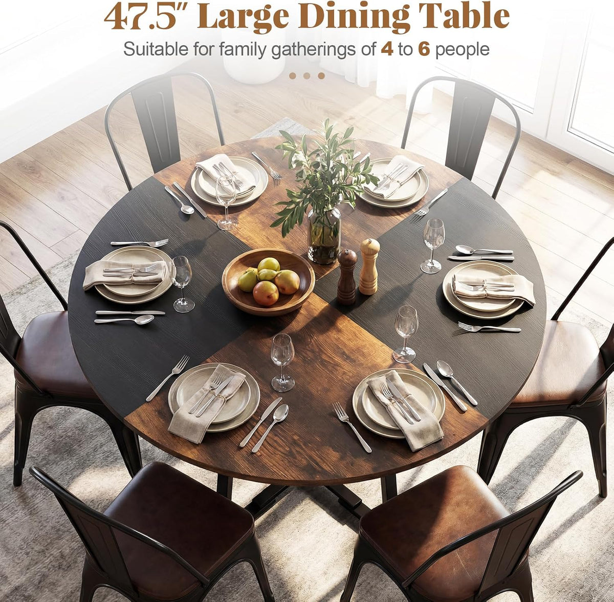 Giantex Round Dining Table for 4-6, 47.5" Circle Kitchen Table with Storage Shelf, Metal Pedestal, Space-Saving Farmhouse Dinner Table for Living Dining Room (Rustic Brown & Black)