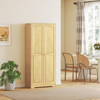 HOMCOM 67" Pinewood Kitchen Pantry Storage Cabinet, Freestanding Cabinets with Adjustable Shelves, Solid Wood Food Pantry with Soft-Close Doors for Living Room Dining Room, Light Brown
