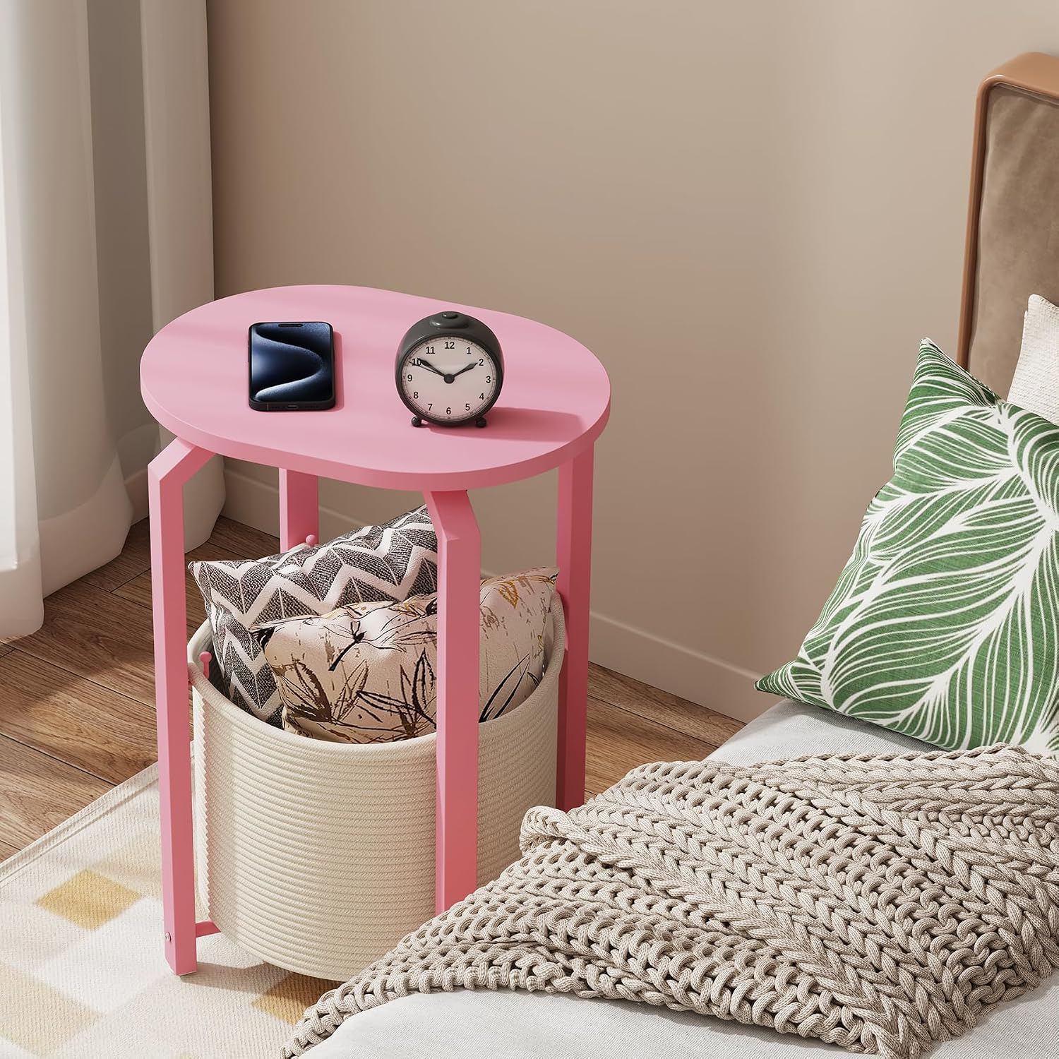 TUTOTAK Oval End Table with Woven Storage Basket, Pink Small Side Table for Living Room, Bedroom, TB01BP093
