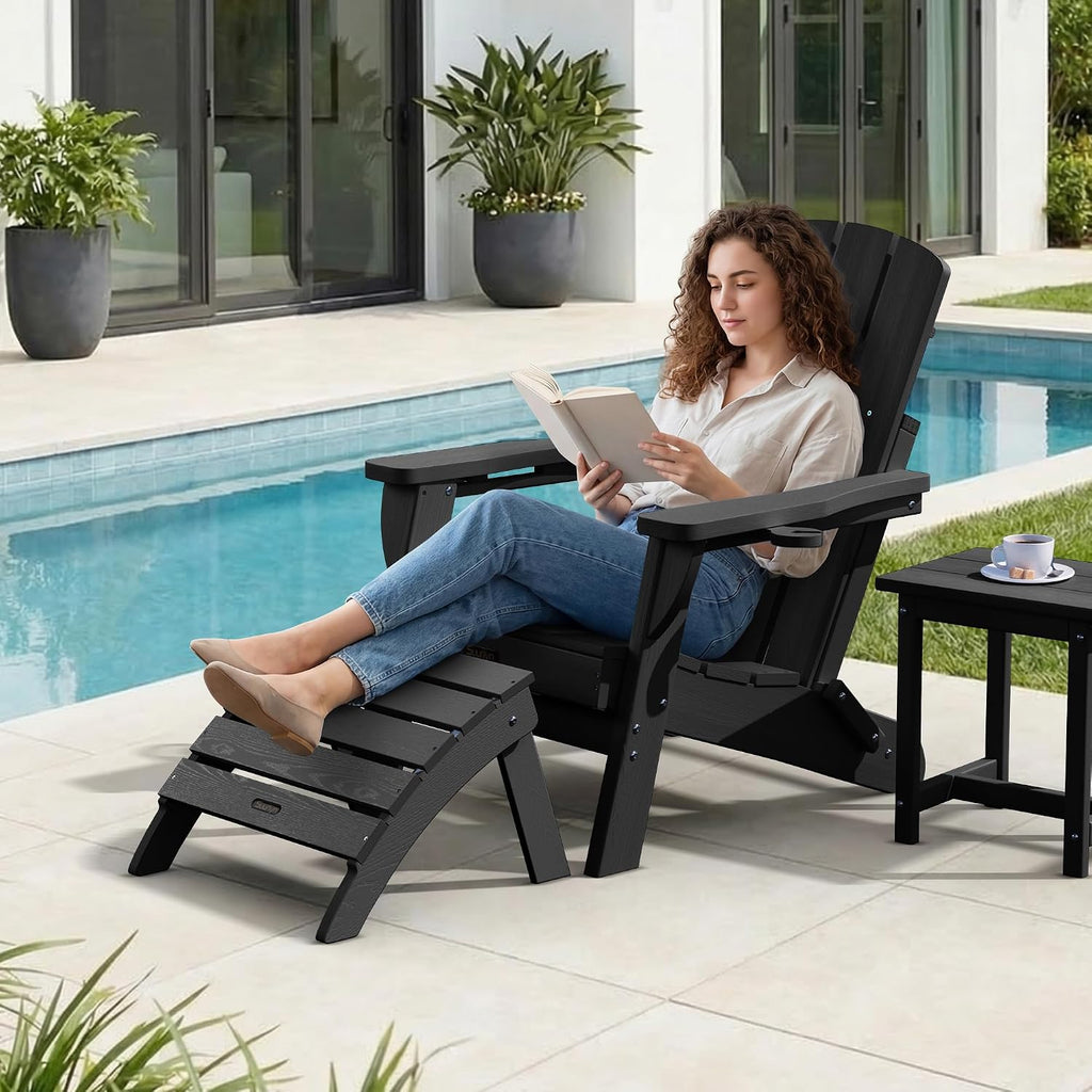 Adirondack Ottoman Footrest for Adirondack Chair, All-Weather HDPE Outdoor Foot Stool, Folding Patio Ottoman for Lawn, Garden, Deck, Backyard, Black