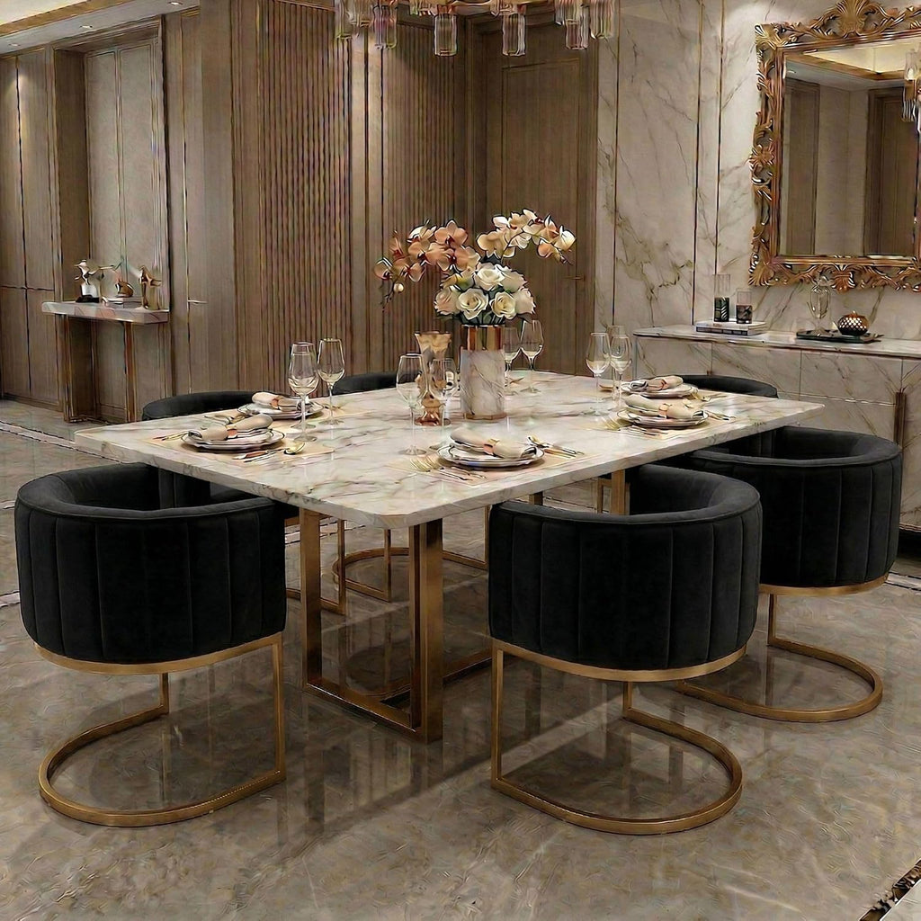 Hyfirm Black and Gold Barrel Dining Chairs Set of 6, Modern Velvet Upholstered Accent Chairs with Curved Back for Kitchen Island, Luxury Comfort Seating Cantilever Metal Frame