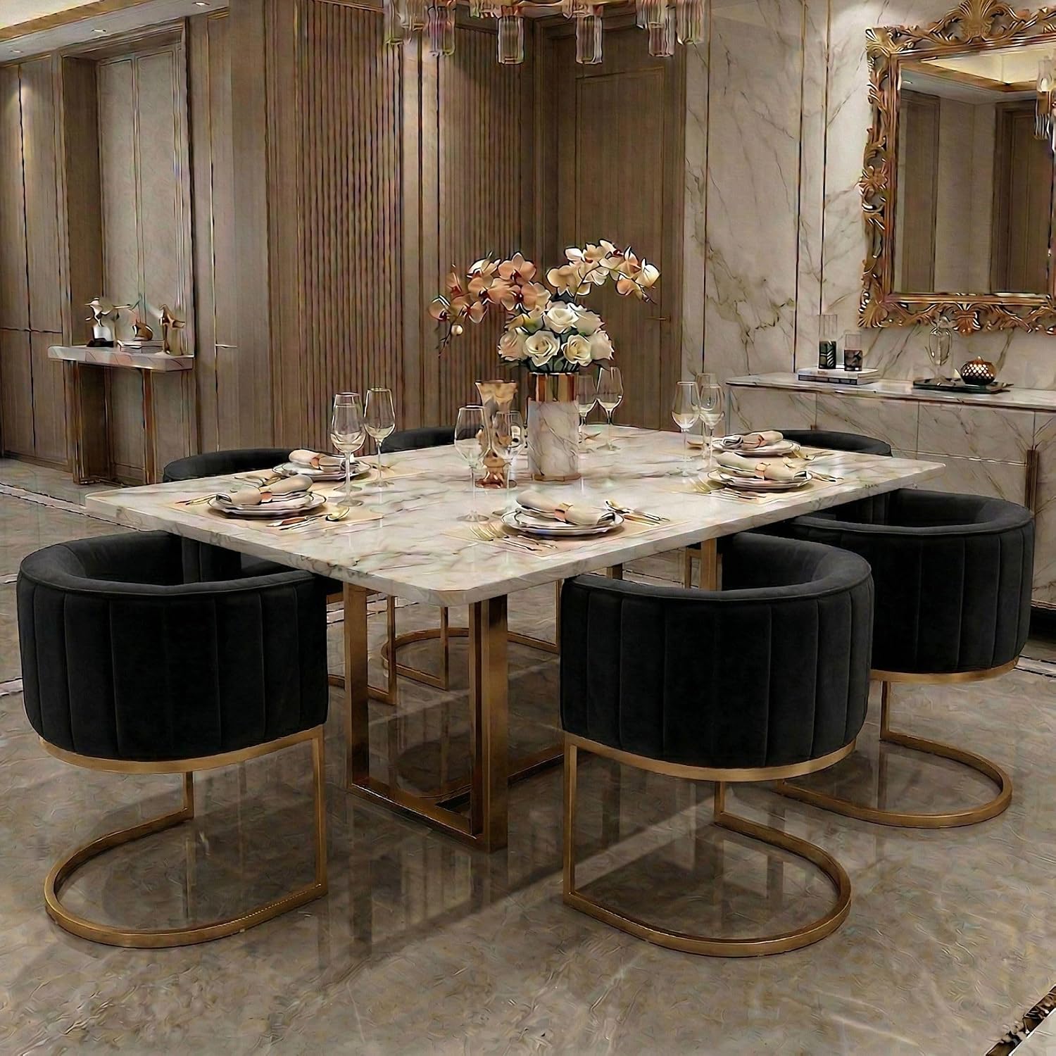 Hyfirm Black and Gold Barrel Dining Chairs Set of 6, Modern Velvet Upholstered Accent Chairs with Curved Back for Kitchen Island, Luxury Comfort Seating Cantilever Metal Frame
