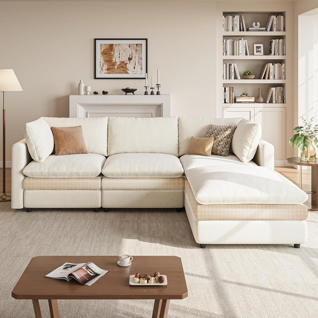 97" Cloud Couches for Living Room, 29.1" Deep Seat Modular Sectional Sofa, L Shaped Cloud Sofa with One Movable Ottoman