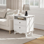 Solid Wood Nightstands Set of 2, Fully Assembled Night Stand with 2 Drawer & Open Shelf Storage, Bedside Table with Charging Station, Mid-Century Modern End Table for Bedroom, White