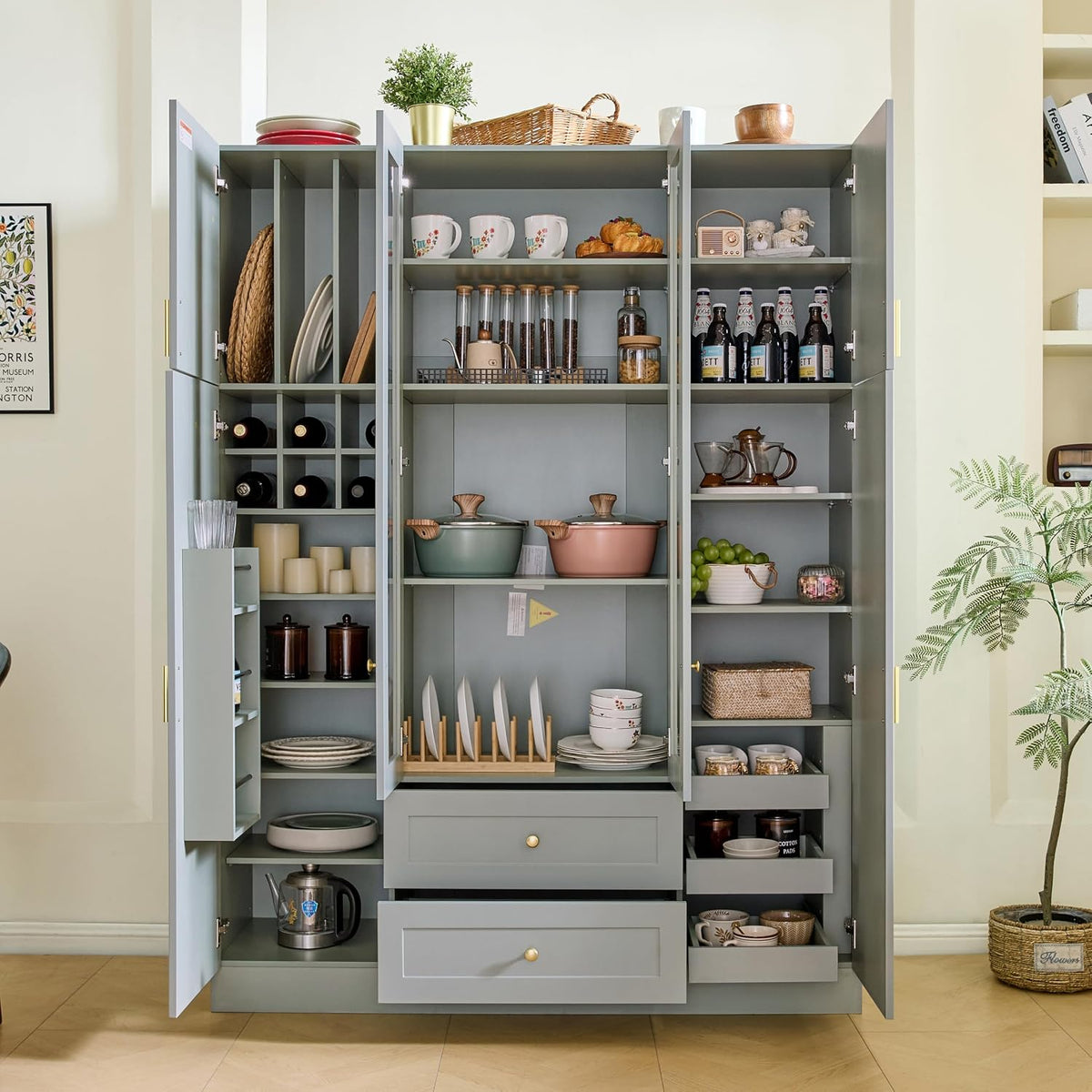 Modern Large Kitchen Pantry with 6 Doors,Storage Cupboard with Drawers, Adjustable Shelves,Pull-Out Trays and Wine Rack for Dining Room (Gray/KP)