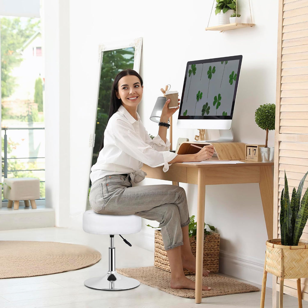 JupiterForce Adjustable Vanity Stool Chair for Makeup, 360° Swivel Makeup Vanity Chair Faux Leather Vanity Stool for Makeup Room, Bathroom and Living Room, White