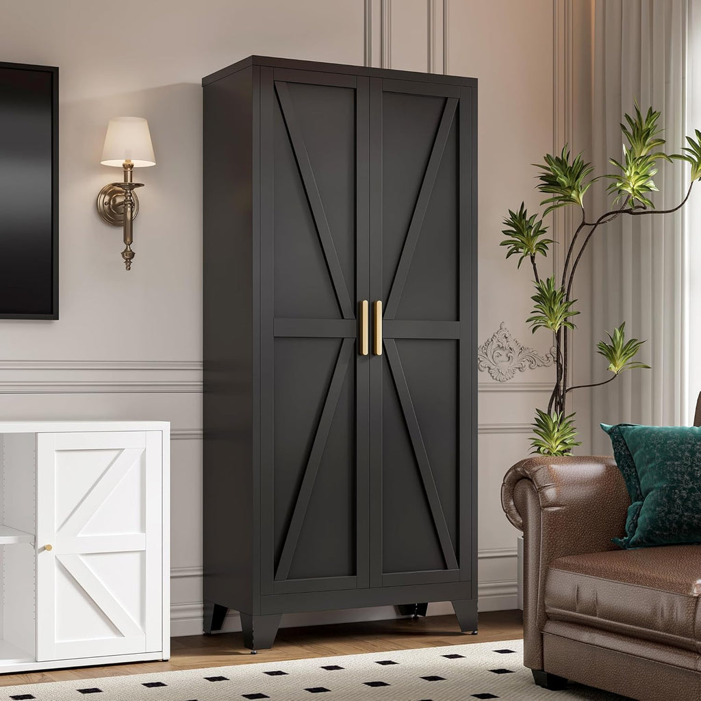 LCAOPC 71" Tall Metal Storage Cabinet with 2 Doors and 4 Adjustable Shelves, 5-Tier Kitchen Pantry Storage Cabinet for Kitchen, Living Room, Dining Room and Office, Black