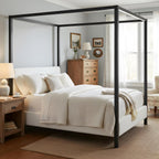 LUMISOL Queen Size Metal Canopy Bed with Upholstered Headboard, Modern Black Four Poster Bed Frame, Heavy Duty Canopy Platform Bedframe with Wood Slat Support & White Boucle Upholstery Fabric