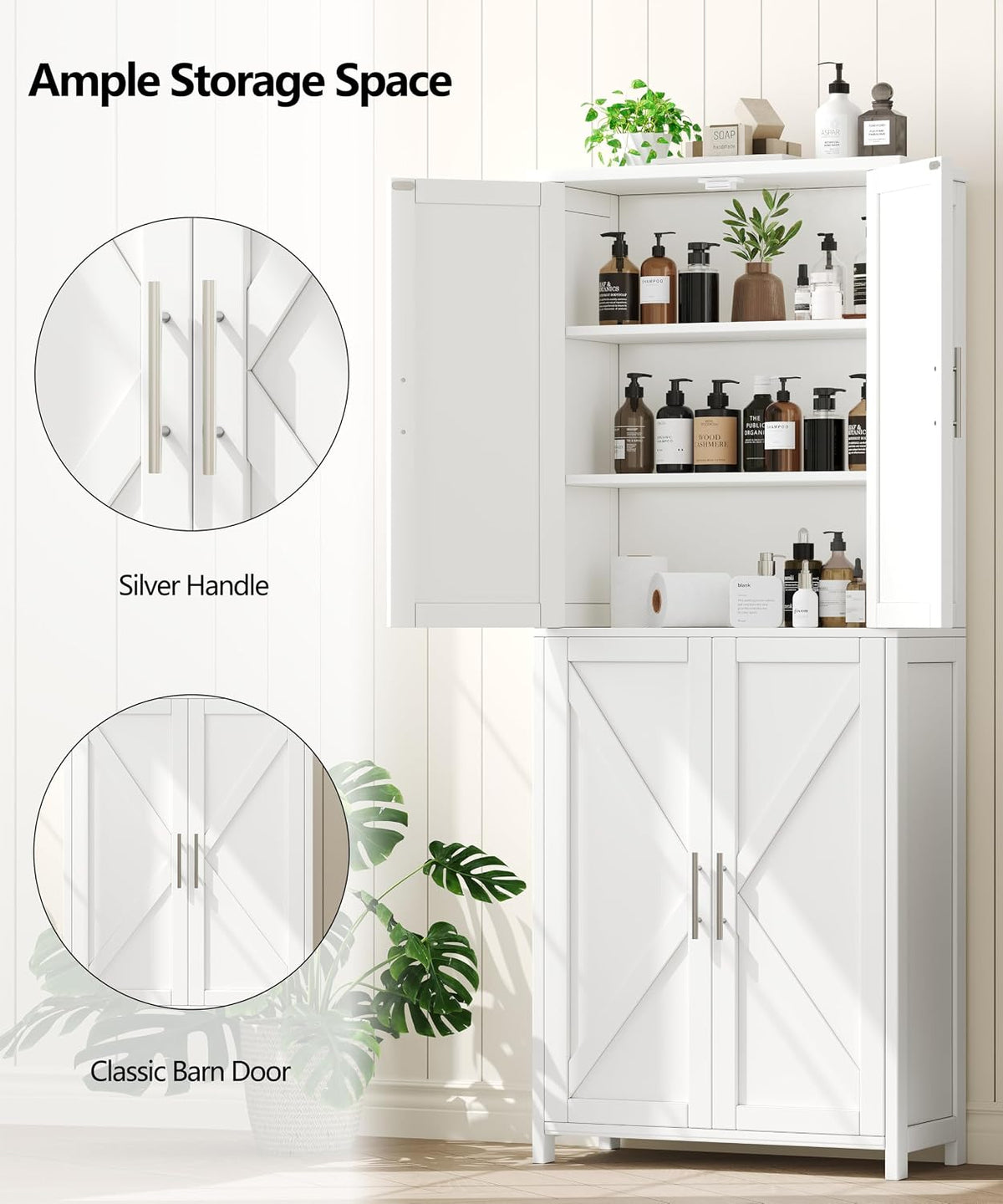 Akxomel 63''H Tall Farmhouse Bathroom Storage Cabinet with 4 Doors White | Floor Storage Cabinet with Barn Doors, Adjustable Shelf, Pantry Cabinet for Kitchen, Laundry Room, Living Room, Entryway