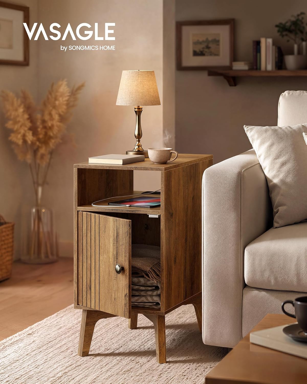 VASAGLE End Table with Charging Station, Narrow Side Table, Nightstand