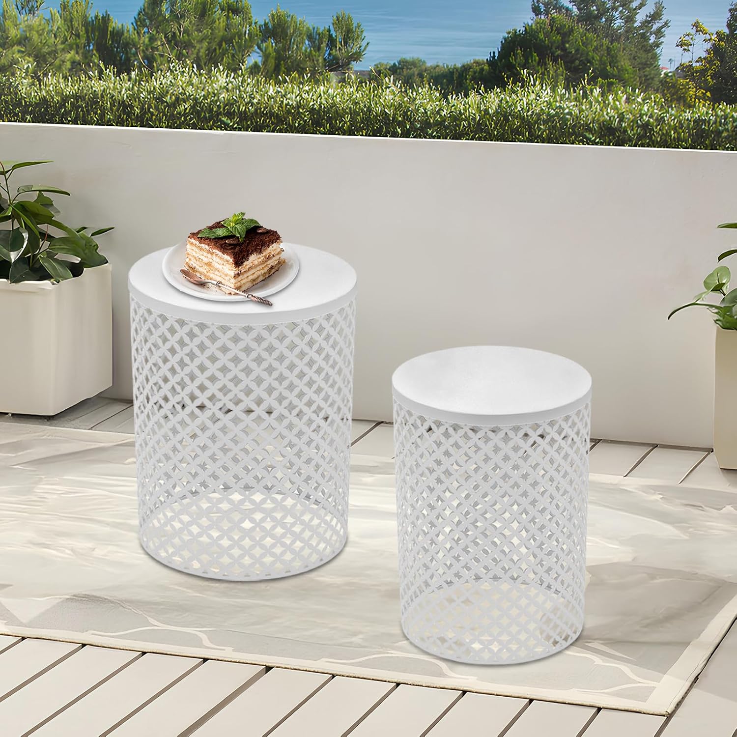 Side Table, Set of 2 Accent Table Decorative Garden Stools for Indoor Outdoor, Bedside Table End Table for Bedroom, Patio, Cafe, Bar, Garden, Nesting, White