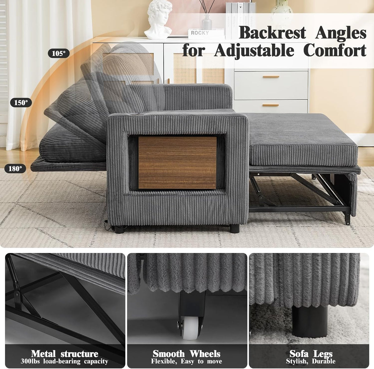 3 in 1 Convertible Sofa Bed, Pull Out Couch with Dual USB and Type C Ports, Chenille Fabric Loveseat Sleeper Sofa Bed, Sofa Bed with Foldable Side Table for Living Room Home Office Apartment