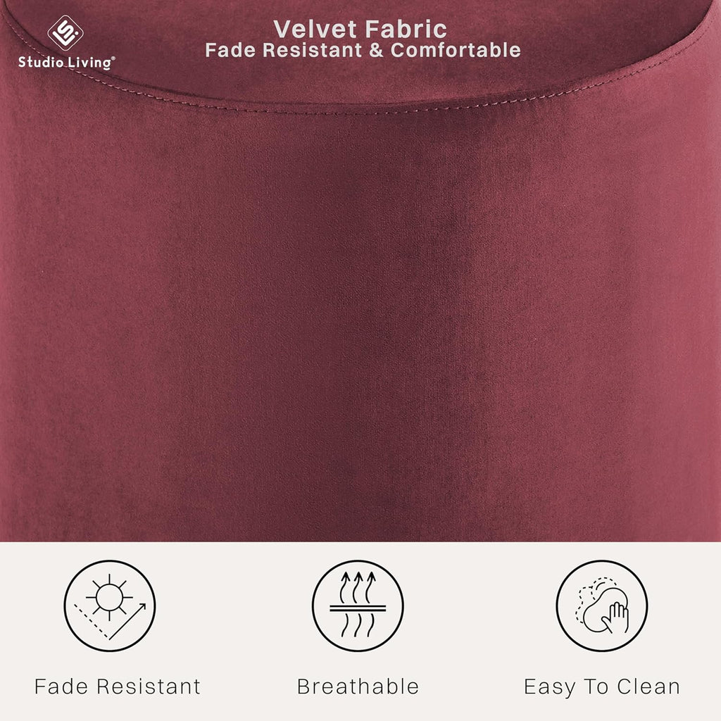 Studio Living® 19” Wentworth Ottoman Round Soft Velvet Bench, Stationary Ottomans, Backless Chair, Footrest for Living Room, Footstool Office, Bedroom, Padded Seat, Plum