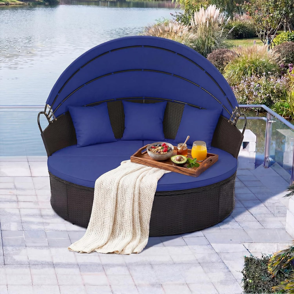 RELAX4LIFE Round Outdoor Daybed with Canopy - Wicker Sectional Sofa Sunbed w/Cushions & 3 Pillows, Rattan Clamshell Conversation Lounger Separated Seating Set for Garden Porch, Patio Day Bed (Navy)