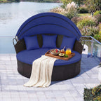 RELAX4LIFE Round Outdoor Daybed with Canopy - Wicker Sectional Sofa Sunbed w/Cushions & 3 Pillows, Rattan Clamshell Conversation Lounger Separated Seating Set for Garden Porch, Patio Day Bed (Navy)