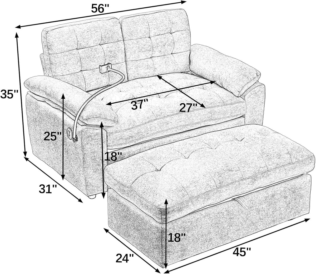 Chaise Lounge Chair Indoor with Storage Ottoman, Comfy Chenille Tufted Loveseat Sofa Chair with USB & Phone Holder, Upholstered Adjustable Backrest Lounge Sofa Chair for Living Room, Bedroom, Pink
