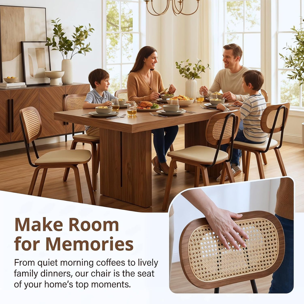 CIMOTA Mid Century Modern Dining Chairs Set of 4, Rattan Back Kitchen Chairs with Solid Wood Frame, Upholstered Faux Leather Seat, Armless Cane Dining Room Chair for Kitchen, Farmhouse, PU Beige