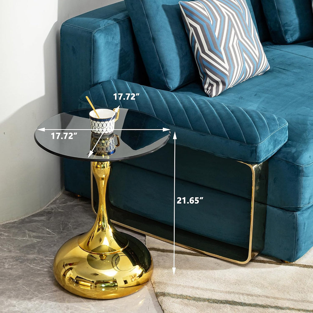 Luxury Round End Table Gold Metal Base 17.7inch Black Tempered Glass Top Modern Small Side Table Living Room Table Sofa Small Coffee Tables Cute Shape (Glod+Glass)