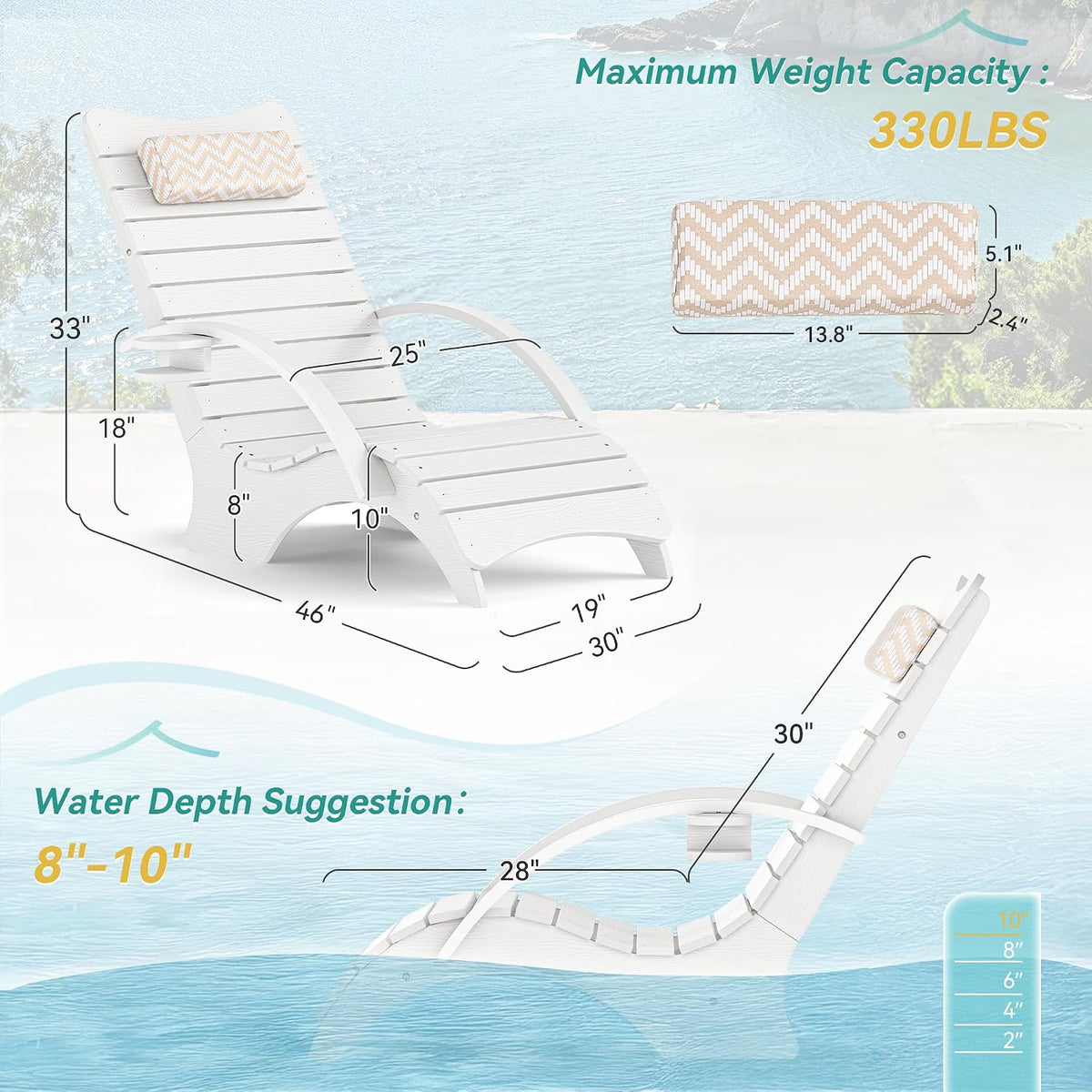 Pool Lounge Chairs Set of 2, Shallow Water 8-10 Inches Deep, HDPS Fade Resistant Pool Tanning Chair with Armrest, Cup Holder, Headrest, 330lbs Capacity, Outdoor Deck Sun Shelf Lounger, White