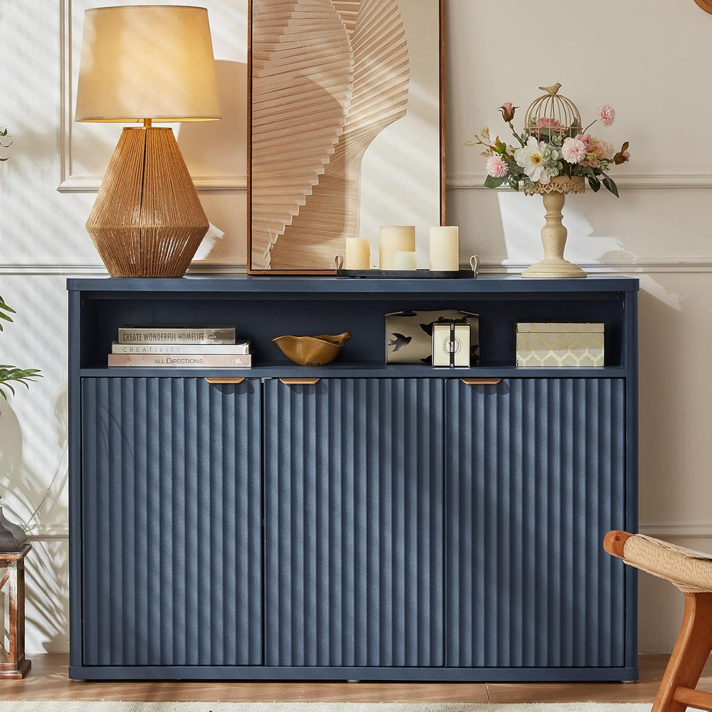 LEYAOYAO Fluted Buffet Cabinet with Storage, 45" Wide Wood Sideboard Credenza with 3 Doors & Open Storage Shelf, Modern Kitchen Console Accent Cabinets, Coffee Bar Table for Dining Room, Dark Blue