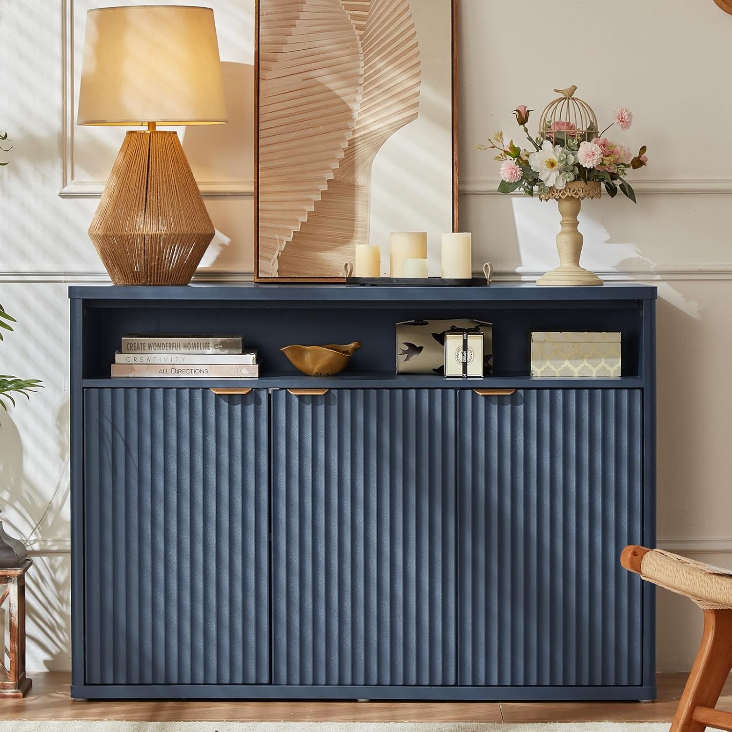 LEYAOYAO Fluted Buffet Cabinet with Storage, 45" Wide Wood Sideboard Credenza with 3 Doors & Open Storage Shelf, Modern Kitchen Console Accent Cabinets, Coffee Bar Table for Dining Room, Dark Blue