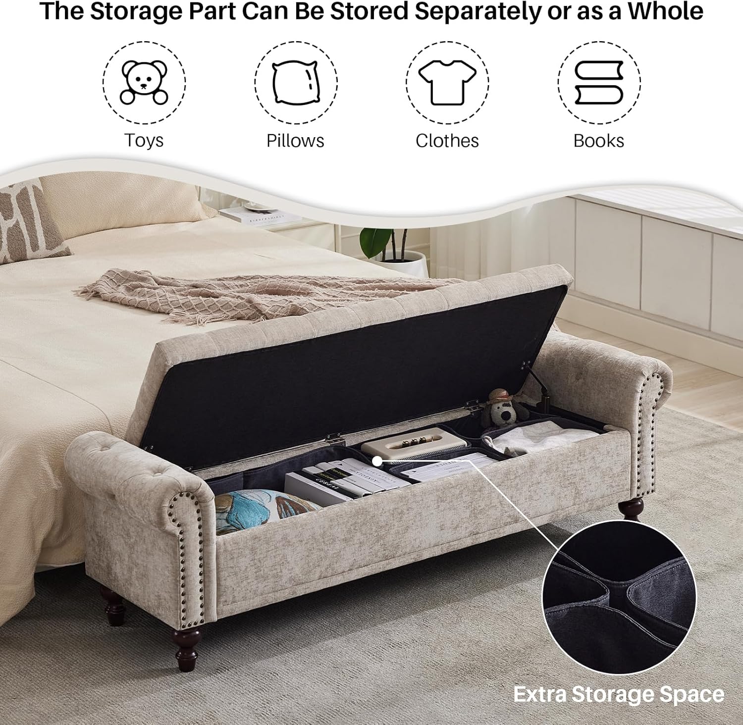 SOFTHION Storage Bench for Bedroom, 67" End of Bed Bench King Size, Upholstered Chenille Storage Ottoman with Tufted Cushioned Rolled Arm Large Storage Space for Living Room Entryway, Light Brown
