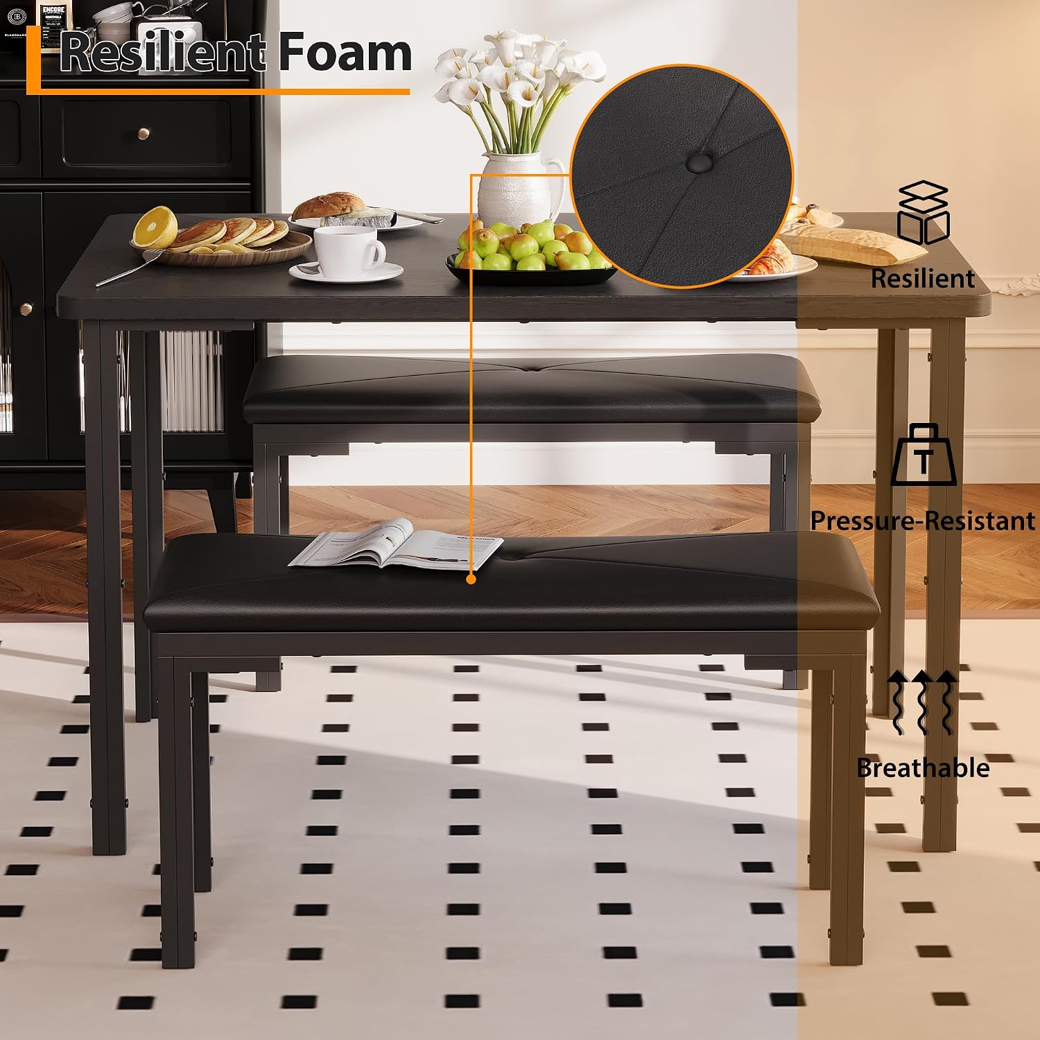 Garvee 3-Piece Dining Table Set, 3-Piece Kitchen Table with 2 Upholstered Benches, Space-Saving Dining Room Set for Breakfast Nook and Small Spaces, Black