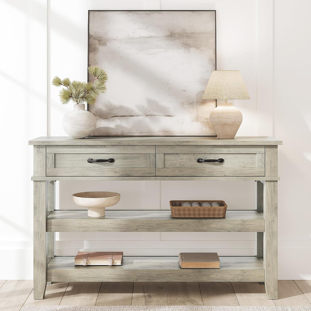 GarveeHome Entryway Table, Console Table with 2 Storage Drawers, 3 Tier Farmhouse Wooden Sofa Table, Hallway Tables for Entryway, Living Room-Grey