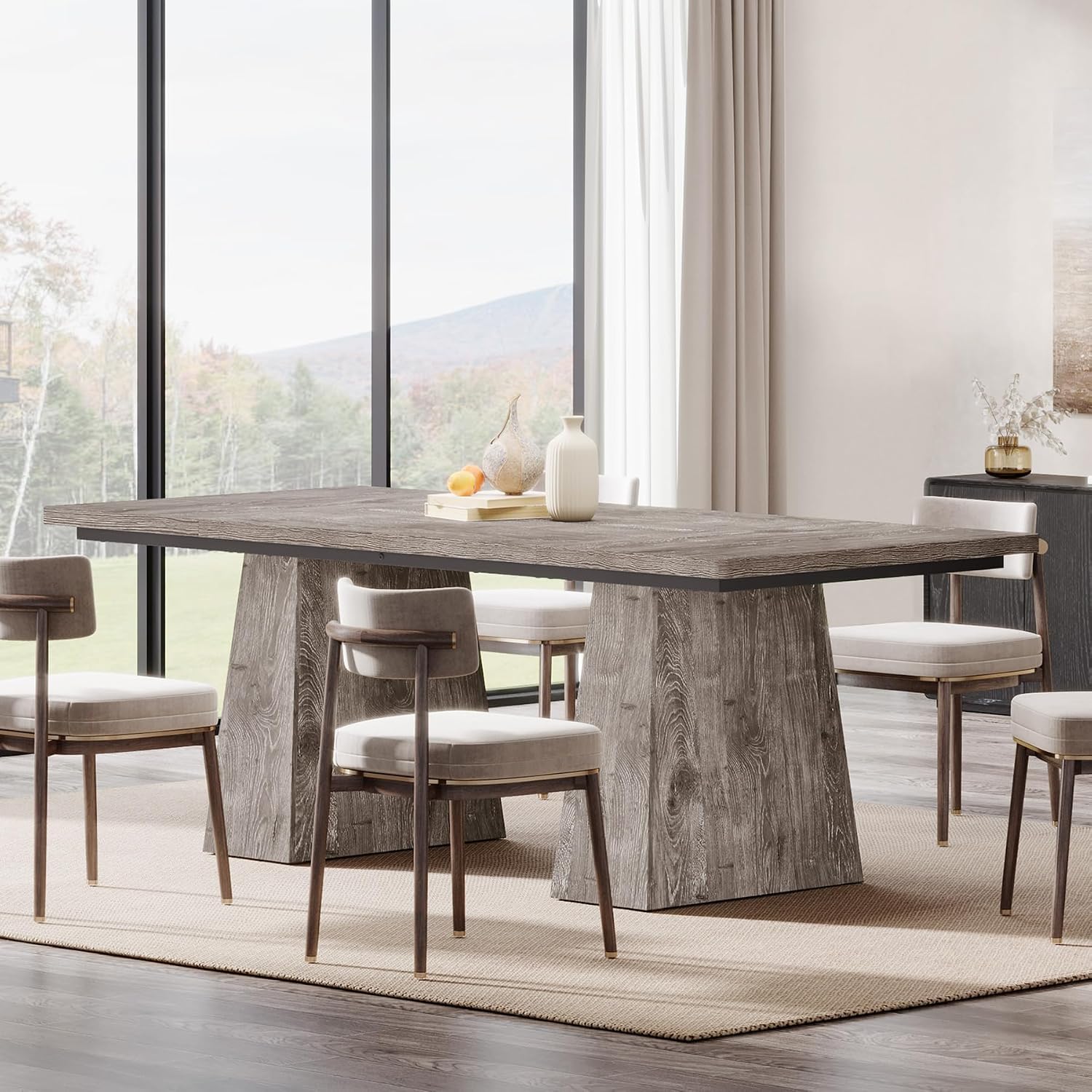 Tribesigns Dining Table for 6, Farmhouse Wood Dinner Rectangular Table Kitchen Table with Double Pedestal, 63" L x 31.5" W x 30" H, Grey